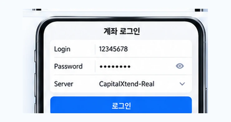 5단계 로그인 정보 입력: 모바일 MT5 앱 화면 예시